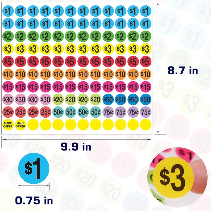 YSHIHE Garage Sale Price Stickers, 2040 Pieces Yard Sales Sticker 3/4 Inch Round Price Tags Labels, Multiple Denominations, Bright Colors - Image 2